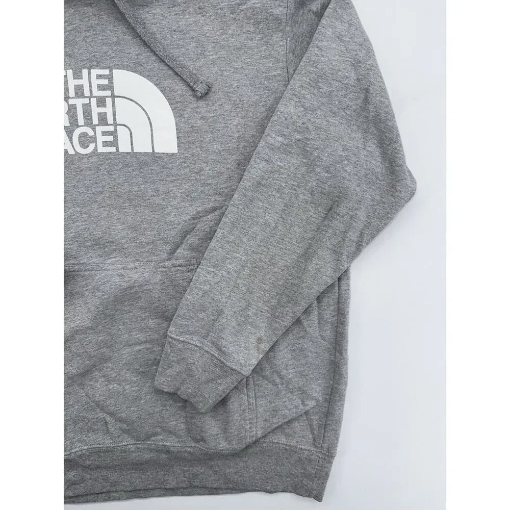 Mens The North Face Fleece Hoodie Size Large Gray Spellout Logo Drawstring EUC
